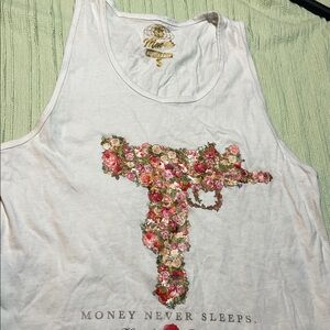 White Tank Top with Floral Gun Design